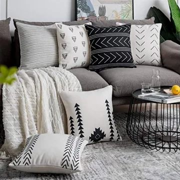 DEZENE Throw Pillow Covers for Couch,6 Pack,Natural Linen Look Fabric,Modern Geometric Patterns,Decorative Sofa Square Cushion Pillow-Cases,18 x 18 inch,Black