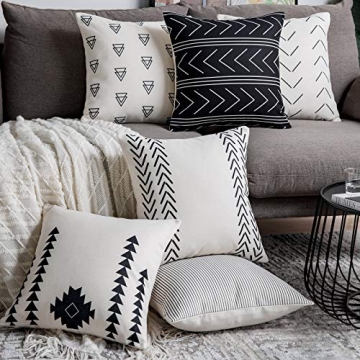 DEZENE Throw Pillow Covers for Couch,6 Pack,Natural Linen Look Fabric,Modern Geometric Patterns,Decorative Sofa Square Cushion Pillow-Cases,18 x 18 inch,Black