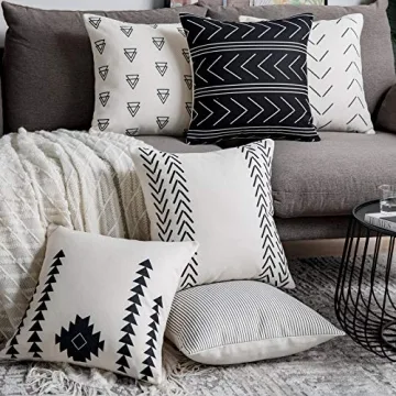 DEZENE Throw Pillow Covers for Couch,6 Pack,Natural Linen Look Fabric,Modern Geometric Patterns,Decorative Sofa Square Cushion Pillow-Cases,18 x 18 inch,Black