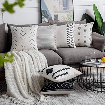 DEZENE Throw Pillow Covers for Couch,6 Pack,Natural Linen Look Fabric,Modern Geometric Patterns,Decorative Sofa Square Cushion Pillow-Cases,18 x 18 inch,Black