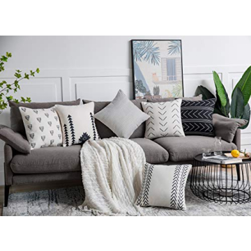 DEZENE Throw Pillow Covers for Couch,6 Pack,Natural Linen Look Fabric,Modern Geometric Patterns,Decorative Sofa Square Cushion Pillow-Cases,18 x 18 inch,Black