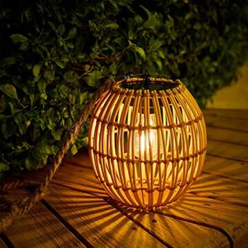 Livinlarge Hanging Solar Lantern Outdoor Waterproof, Large Solar Rattan Lantern Outdoor with Twine Handle, Bright Solar Outdoor Lights with Edison Bulb for Garden Patio Yard Decoration