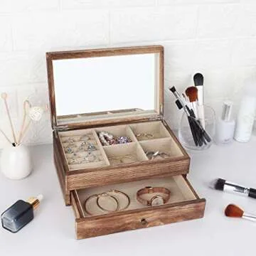 Meangood Jewelry Box Organizer for Women, 2 Layer Large Jewelry Storage Case, Rustic Wooden Jewelry Box with Mirror & Ring Tray for Necklace Earring Bracelets Rings, Vintage Style (Torched Wood)
