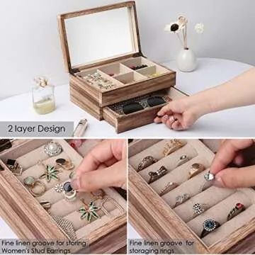Meangood Jewelry Box Organizer for Women, 2 Layer Large Jewelry Storage Case, Rustic Wooden Jewelry Box with Mirror & Ring Tray for Necklace Earring Bracelets Rings, Vintage Style (Torched Wood)