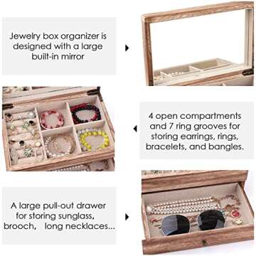 Meangood Jewelry Box Organizer for Women, 2 Layer Large Jewelry Storage Case, Rustic Wooden Jewelry Box with Mirror & Ring Tray for Necklace Earring Bracelets Rings, Vintage Style (Torched Wood)