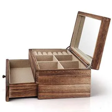Meangood Jewelry Box Organizer for Women, 2 Layer Large Jewelry Storage Case, Rustic Wooden Jewelry Box with Mirror & Ring Tray for Necklace Earring Bracelets Rings, Vintage Style (Torched Wood)