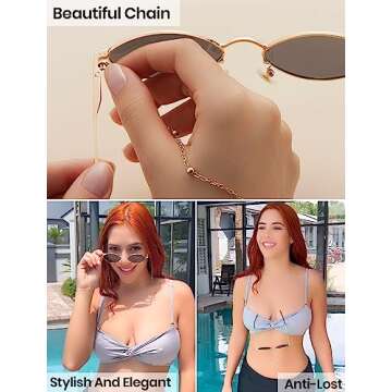 Veda Tinda Vision Brown Sunglasses For Women Oval Trendy Retro 70s 90s Rave Festival Tinted Vintage Polarized Metal Frame Gold Shades Womens Accessories UV400 Protection with Glasses Chain C15S03