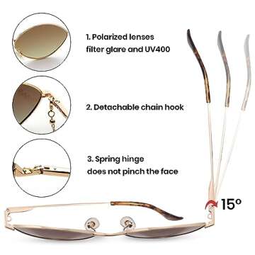 Veda Tinda Vision Brown Sunglasses For Women Oval Trendy Retro 70s 90s Rave Festival Tinted Vintage Polarized Metal Frame Gold Shades Womens Accessories UV400 Protection with Glasses Chain C15S03