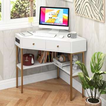 Tangkula White Corner Desk with 2 Drawers & Built-in Charging Station, 90 Degrees Triangle Corner Co...