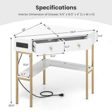 Tangkula White Corner Desk with 2 Drawers & Built-in Charging Station, 90 Degrees Triangle Corner Computer Desk for Small Space, Bedroom Makeup Vanity Desk with Storage Shelves, Corner Writing Desk