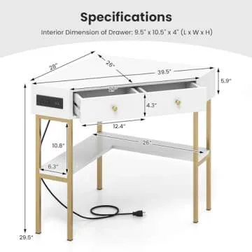 Tangkula White Corner Desk with 2 Drawers & Built-in Charging Station, 90 Degrees Triangle Corner Computer Desk for Small Space, Bedroom Makeup Vanity Desk with Storage Shelves, Corner Writing Desk