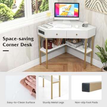 Tangkula White Corner Desk with 2 Drawers & Built-in Charging Station, 90 Degrees Triangle Corner Computer Desk for Small Space, Bedroom Makeup Vanity Desk with Storage Shelves, Corner Writing Desk