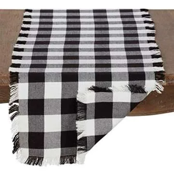 Chic SARO LIFESTYLE Birmingham Fringed Cotton Table Runner, 16" x 72", Black and White