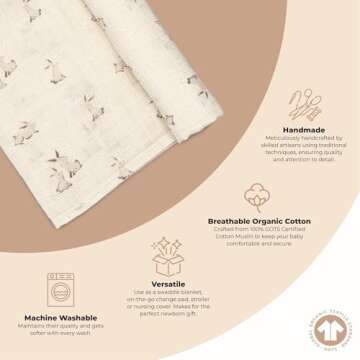 Crane Baby 100% Organic Cotton Bunny Swaddle Wrap - 47" x 47" for Boys and Girls
