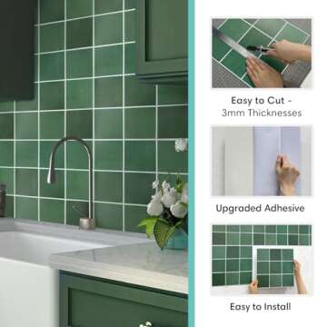 Commomy Matte Green Peel and Stick Backsplash for Kitchen - 10 pcs of 11.8" x 11.8" Ultralight PVC Peel and Stick Tile for Bathroom and Interior Wall Decor Square 3D Stick on Tiles