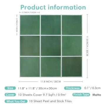Commomy Matte Green Peel and Stick Backsplash for Kitchen - 10 pcs of 11.8" x 11.8" Ultralight PVC Peel and Stick Tile for Bathroom and Interior Wall Decor Square 3D Stick on Tiles