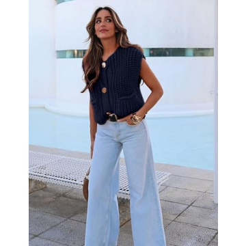 BGYLU Women's Sleeve Chunky Knit Cropped Vest with Pockets