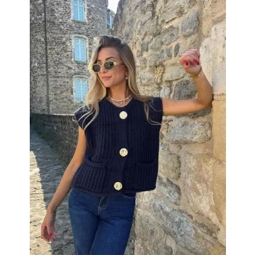 BGYLU Women's Sleeve Chunky Knit Cropped Vest with Pockets