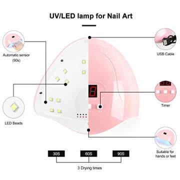 GreenLife UV LED Nail Lamp - 54W Portable Professional Curing Lamp for Gel Nails with 18pcs Beads, 3 Timers, Auto Sensor and USB Plug