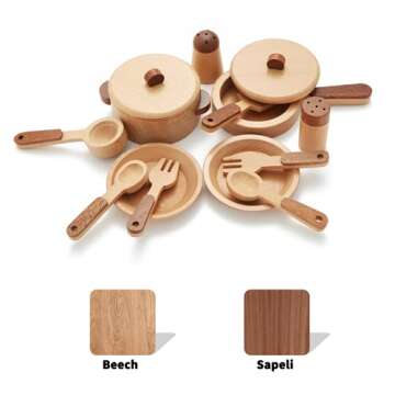 WHOHOLL Wooden Toys Play Kitchen Accessories, Montessori Toys for 1 2 3 4 5 + Years Old Toddlers, Toy Kitchen Play Dishes & Play Food Playset, Birthday Sets for Kids Girls Boys