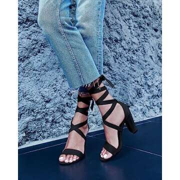 Huiyuzhi Womens Strappy Heels Lace up High Heeled Sandals Chunky Block Ankle Tie Pumps Dress Party Shoes