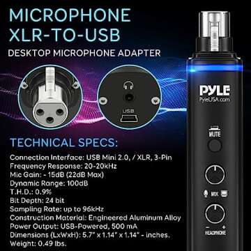 Pyle Microphone XLR-to-USB Signal Adapter - Universal Plug and Play XLR Mic to PC Adaptor for Digital Recording w/ Mix Audio Control, +48V Phantom Power, Headphone Volume, USB Cable - PDUSBPP10