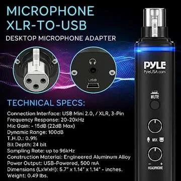 Pyle Microphone XLR-to-USB Signal Adapter - Universal Plug and Play XLR Mic to PC Adaptor for Digital Recording w/ Mix Audio Control, +48V Phantom Power, Headphone Volume, USB Cable - PDUSBPP10