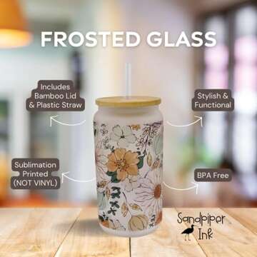 16oz Frosted Glass With Bamboo Lid and Plastic Straw - Floral Design (Floral #1, 16oz)