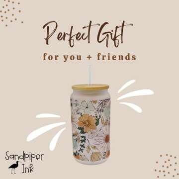 16oz Frosted Glass With Bamboo Lid and Plastic Straw - Floral Design (Floral #1, 16oz)