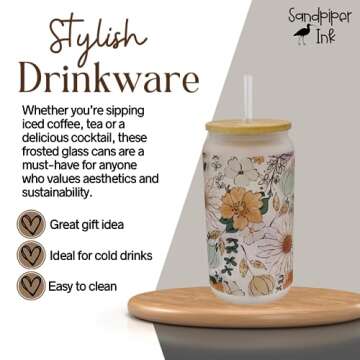 16oz Frosted Glass With Bamboo Lid and Plastic Straw - Floral Design (Floral #1, 16oz)