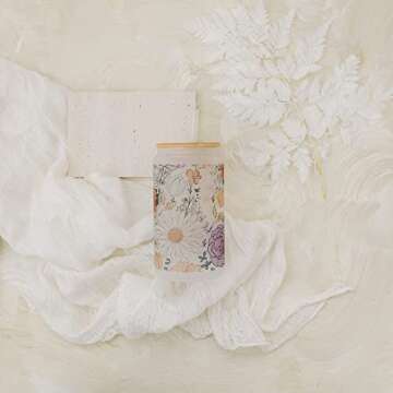 16oz Frosted Glass With Bamboo Lid and Plastic Straw - Floral Design (Floral #1, 16oz)