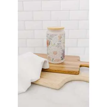 Stylish 16oz Frosted Glass Cup with Bamboo Lid