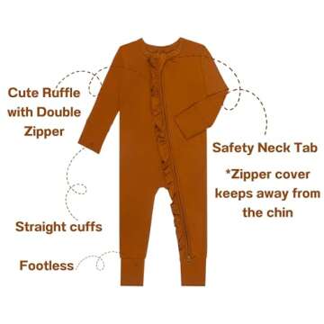 GUISBY Baby Girl Footless Pajamas, Soft Long Sleeve with Zipper Rompers Ruffle Sleeper Caramel 6-12 ...