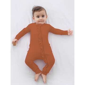 GUISBY Baby Girl Footless Pajamas, Soft Long Sleeve with Zipper Rompers Ruffle Sleeper Caramel 6-12 Months