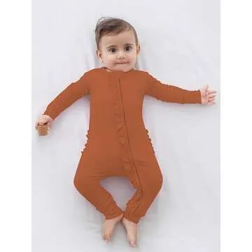 GUISBY Baby Girl Footless Pajamas, Soft Long Sleeve with Zipper Rompers Ruffle Sleeper Caramel 6-12 Months