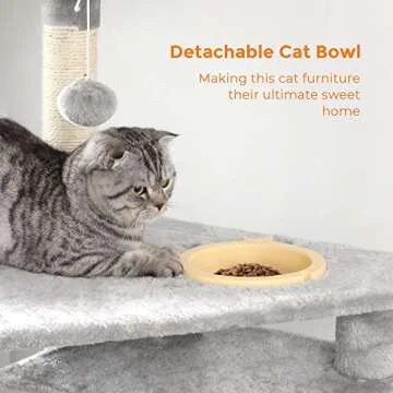 Feandrea Cat Tree with Feeding Bowl, Cat Condo with Sisal Posts, Hammock and Cave, Padded Platform, Climbing Tree for Cats, 64.6 Inches, Light Gray UPCT99W