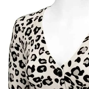 YEMAK Women's Cropped Bolero Cardigan – 3/4 Sleeve V-Neck Basic Classic Casual Button Down Knit Soft Sweater Top CO129LEO-IVR/GRY-L