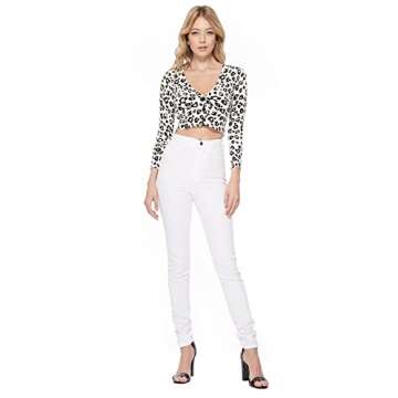 YEMAK Women's Cropped Bolero Cardigan – 3/4 Sleeve V-Neck Basic Classic Casual Button Down Knit Soft Sweater Top CO129LEO-IVR/GRY-L