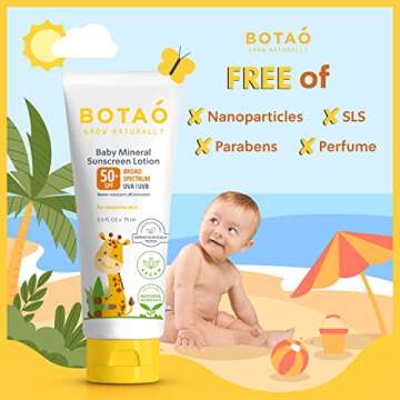 Botao Baby 100% mineral Zinc Oxide baby sunscreen – safe natural sunblock lotion for babies: SPF50 Broad Spectrum UVA UVB,For sensitive skin Baby Face Body Protection, Sunblock Cream 2.5 Oz