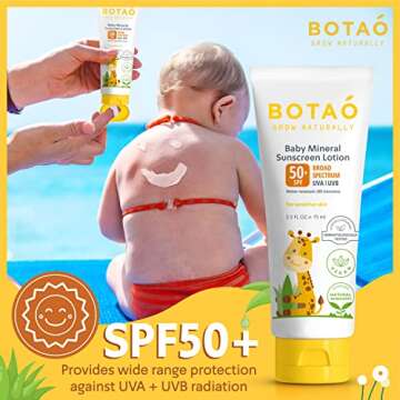 Botao Baby 100% mineral Zinc Oxide baby sunscreen – safe natural sunblock lotion for babies: SPF50 Broad Spectrum UVA UVB,For sensitive skin Baby Face Body Protection, Sunblock Cream 2.5 Oz