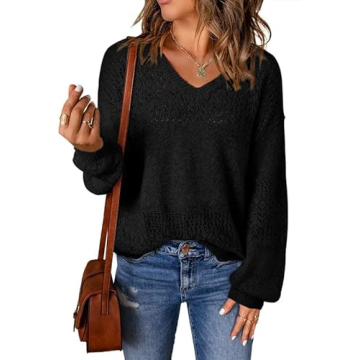 SHEWIN Women's Lightweight Crochet Sweater V-Neck Fall Fashion 2024
