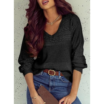SHEWIN Women's V-Neck Crochet Sweater for Fall