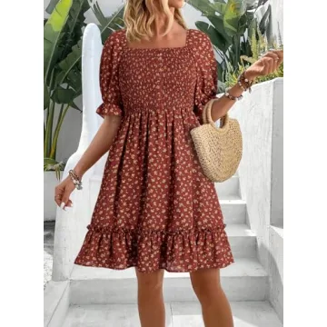 Dokotoo Summer Dresses for Women Ladies Short Sleeve Floral Sundresses for Women 2025 Casual Smocked High Waist Beach Bohomian Cute Babydoll Mini Dress Womens Fashion Sun Dress Brown Medium