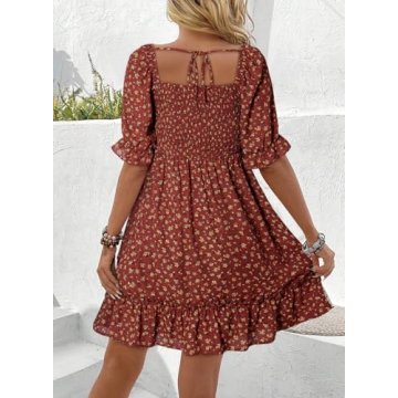 Dokotoo Summer Dresses for Women Ladies Short Sleeve Floral Sundresses for Women 2025 Casual Smocked High Waist Beach Bohomian Cute Babydoll Mini Dress Womens Fashion Sun Dress Brown Medium