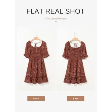 Dokotoo Summer Dresses for Women Ladies Short Sleeve Floral Sundresses for Women 2025 Casual Smocked High Waist Beach Bohomian Cute Babydoll Mini Dress Womens Fashion Sun Dress Brown Medium