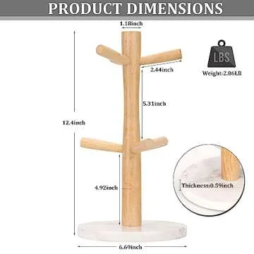 WORHE Mug Holder Marble Base with 6 Hooks Coffee Cup Rack Organizer for Countertop, Round Mugs Stand Hanger for Kitchen Counter Cabinet Bar Accessories and Home Decor White (MH001)