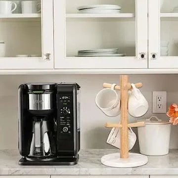 WORHE Mug Holder Marble Base with 6 Hooks Coffee Cup Rack Organizer for Countertop, Round Mugs Stand Hanger for Kitchen Counter Cabinet Bar Accessories and Home Decor White (MH001)