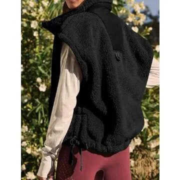 BQDCQB Womens Fleece Vest Oversized Trendy Casual Sleeveless Warm Fuzzy Button Down Sherpa Vest with Pockets Black S