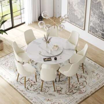 Sdorens Round Dining Table for 8, White Sintered Stone Tabletop with Lazy Susan, White Leather Carbo...