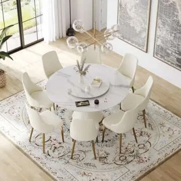 Sdorens Round Dining Table for 8, White Sintered Stone Tabletop with Lazy Susan, White Leather Carbo...